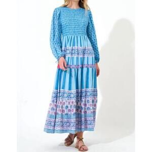 OLIPHANT Tuckernuck Smocked Top Long Sleeve Maxi Dress Fern Blue Block Print M